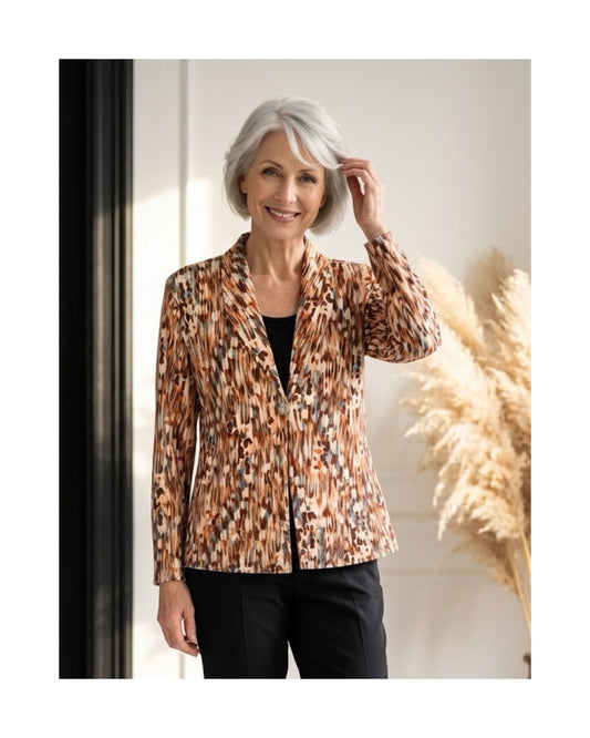Dames 2-in-1 twinset met kraag, knoopdetail, dessin jasje en uni ondertop bij marijke mode