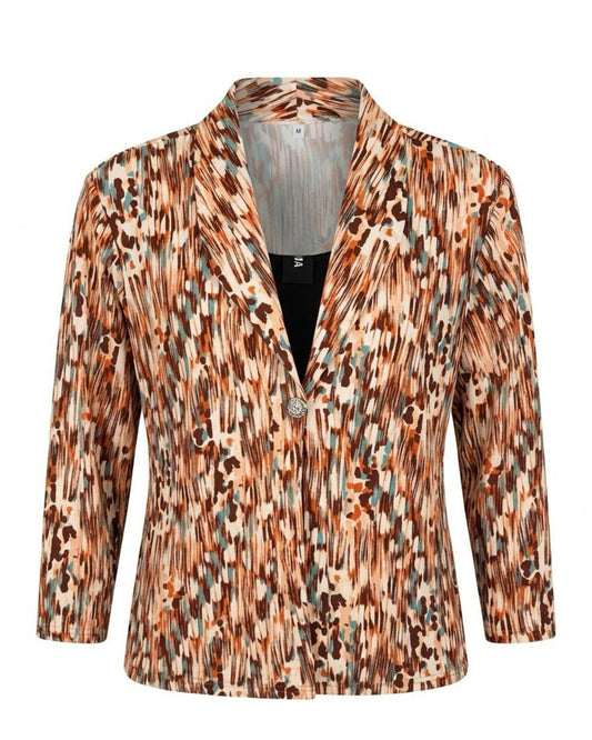 Dames 2-in-1 twinset met kraag, knoopdetail, dessin jasje en uni ondertop bij marijke mode