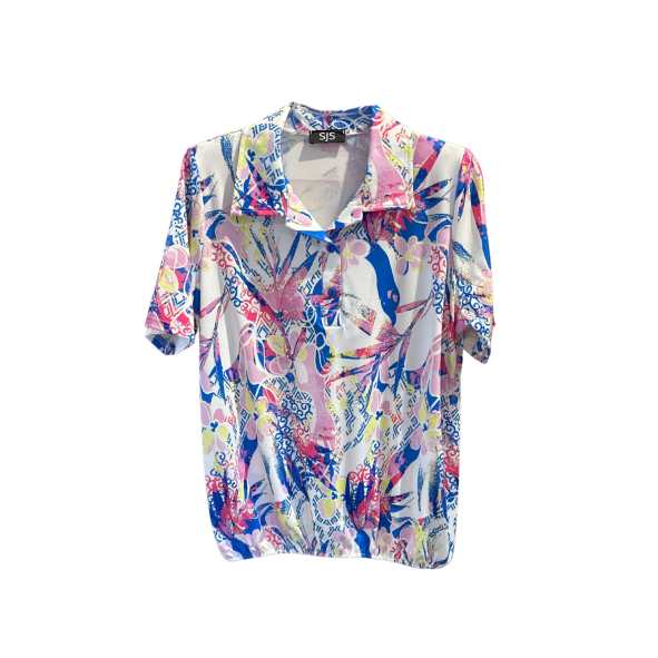 polo shirt met korte mouwen en elastiek aan de onderzijde in zomerse kleuren gemaakt van viscode. verkrijgbaar bij Marijke Mode