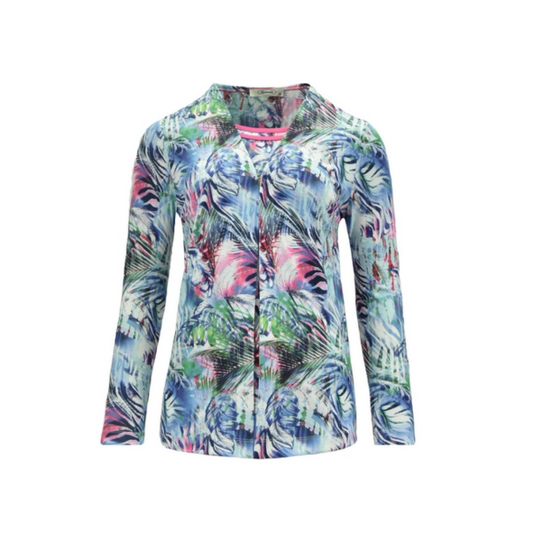 Two-in-one twinset van Sensia Fashion in mintgroen met paars, met lange mouwen en een ronde hals. De set heeft een stijlvolle gelaagde look, gemaakt van een comfortabele en soepele stof. Ideaal voor zowel casual als chique gelegenheden. Verkrijgbaar bij Marijke Mode.