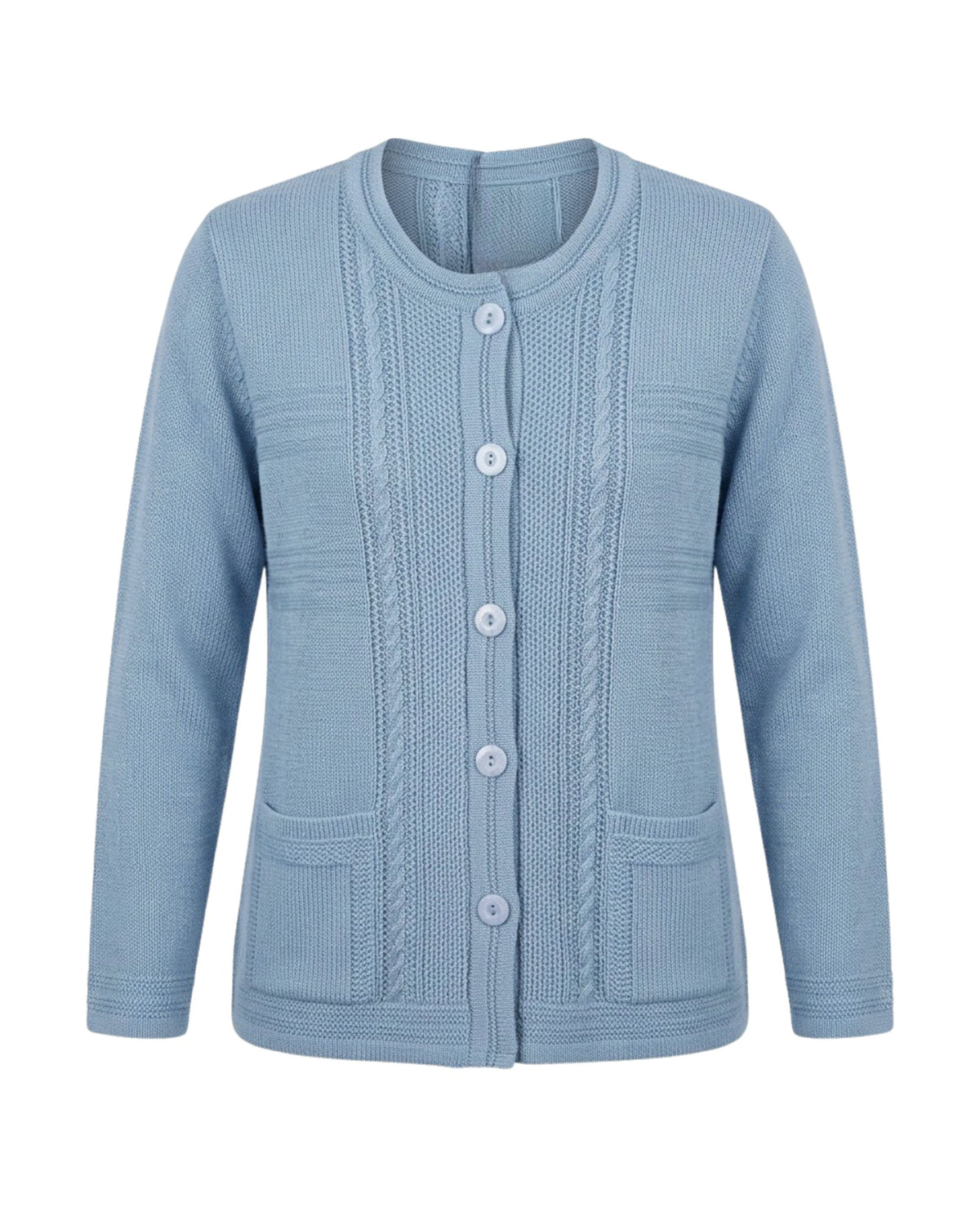 Warm gebreid damesvest met fijn kabeldetail, knopen en zakjes. Gemaakt van katoen en acryl, comfortabel en iets ruimer vallend. Shop bij Marijke Mode