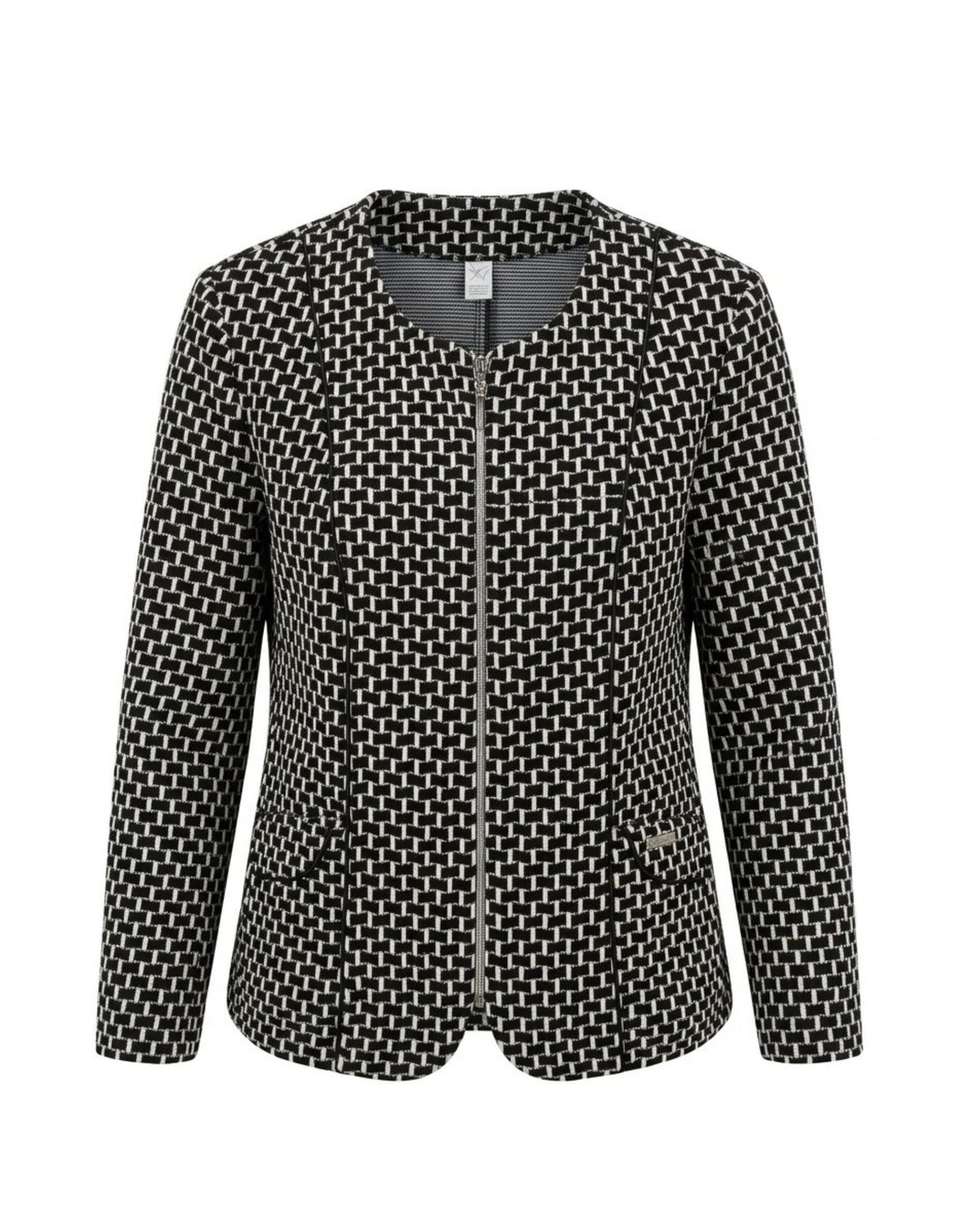 Marijke Mode vestjasje blazer met zwart-wit blokjespatroon, ronde hals, ritssluiting en zakjes aan de voorkant, verkrijgbaar bij Marijke Mode.