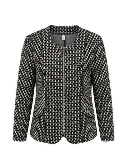 Marijke Mode vestjasje blazer met zwart-wit blokjespatroon, ronde hals, ritssluiting en zakjes aan de voorkant, verkrijgbaar bij Marijke Mode.