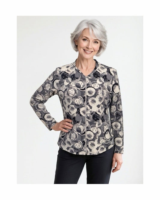 Licht soepel vestjasje met rits en ronde hals – verkocht door Marijke Mode