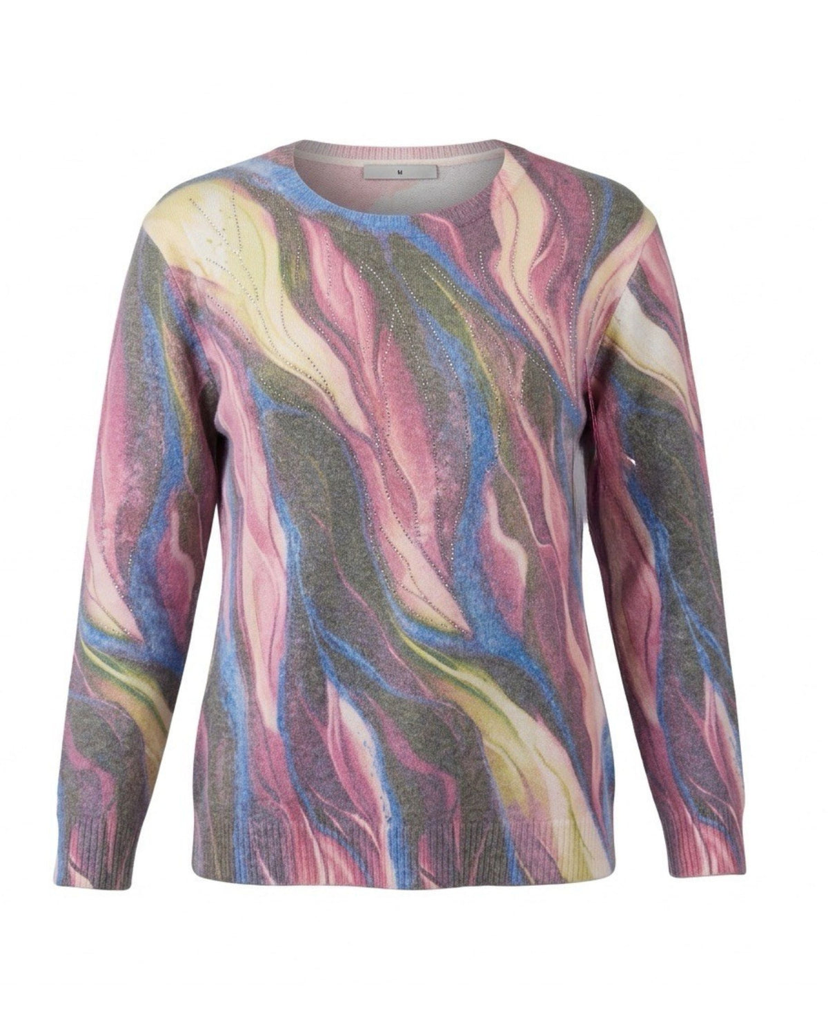 Zachte damestrui met ronde hals en strass-steentjes, verkrijgbaar bij Marijke Mode.