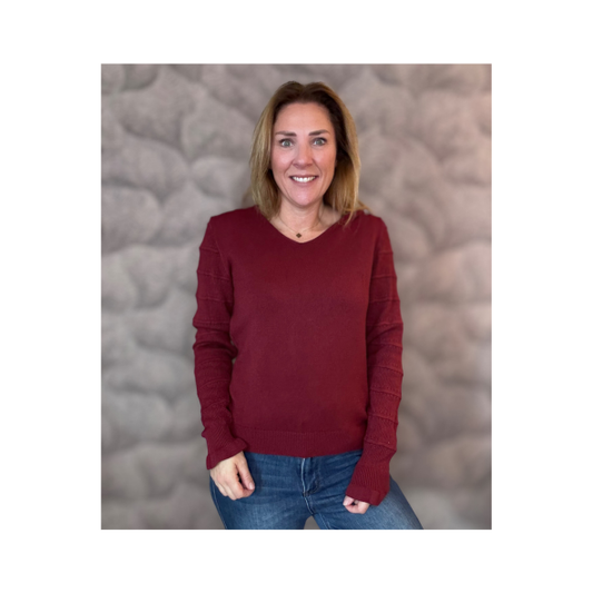 Zachte V-Hals Trui met Broderie Mouw Burgundy