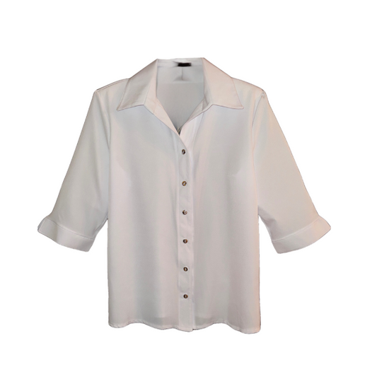 klassieke dames witte blouse met kraag en knopen van viscose. verkrijgbaar bij Marijke Mode