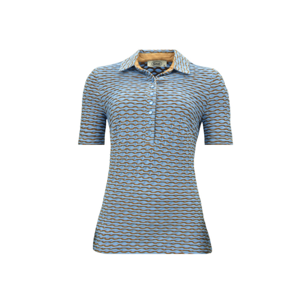 Sensia Fashion poloshirt in ribbel stof in de kleuren donkerblauw wit. poloshirt met korte mouwen en kraag met knopen. aangeboden door marijkemode moderne seniorenmode den haag