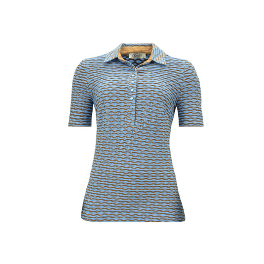 Sensia Fashion poloshirt in ribbel stof in de kleuren donkerblauw wit. poloshirt met korte mouwen en kraag met knopen. aangeboden door marijkemode moderne seniorenmode den haag