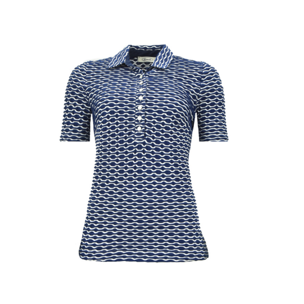 Sensia Fashion poloshirt in ribbel stof in de kleuren donkerblauw wit. poloshirt met korte mouwen en kraag met knopen. aangeboden door marijkemode moderne seniorenmode den haag