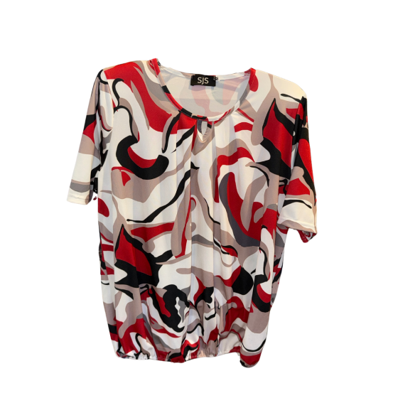 polo shirt met korte mouwen en elastiek aan de onderzijde in zomerse kleuren gemaakt van viscode. verkrijgbaar bij Marijke Mode
